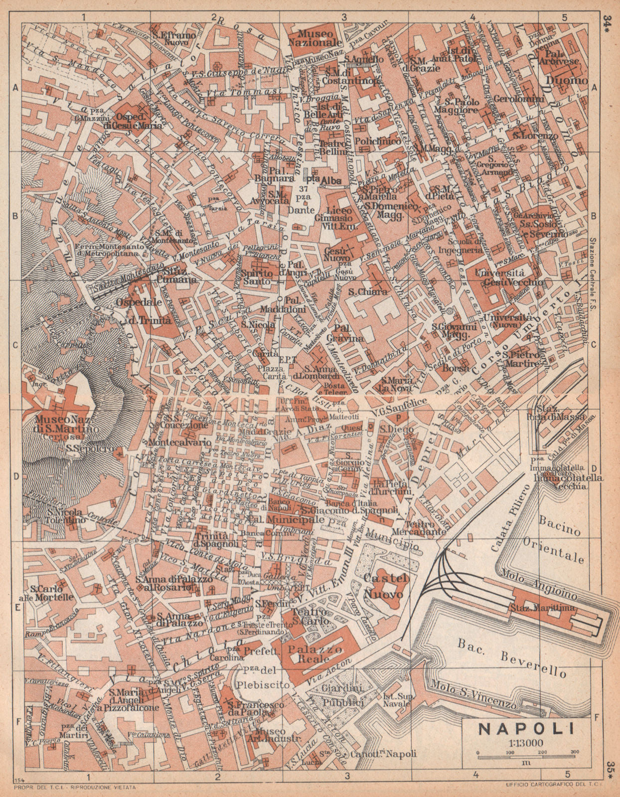 NAPLES NAPOLI vintage town city centre pianta della città. Italy 1958 old map